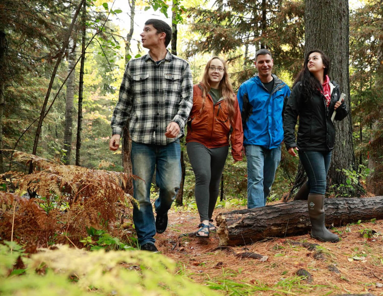 Students walking in the forest.