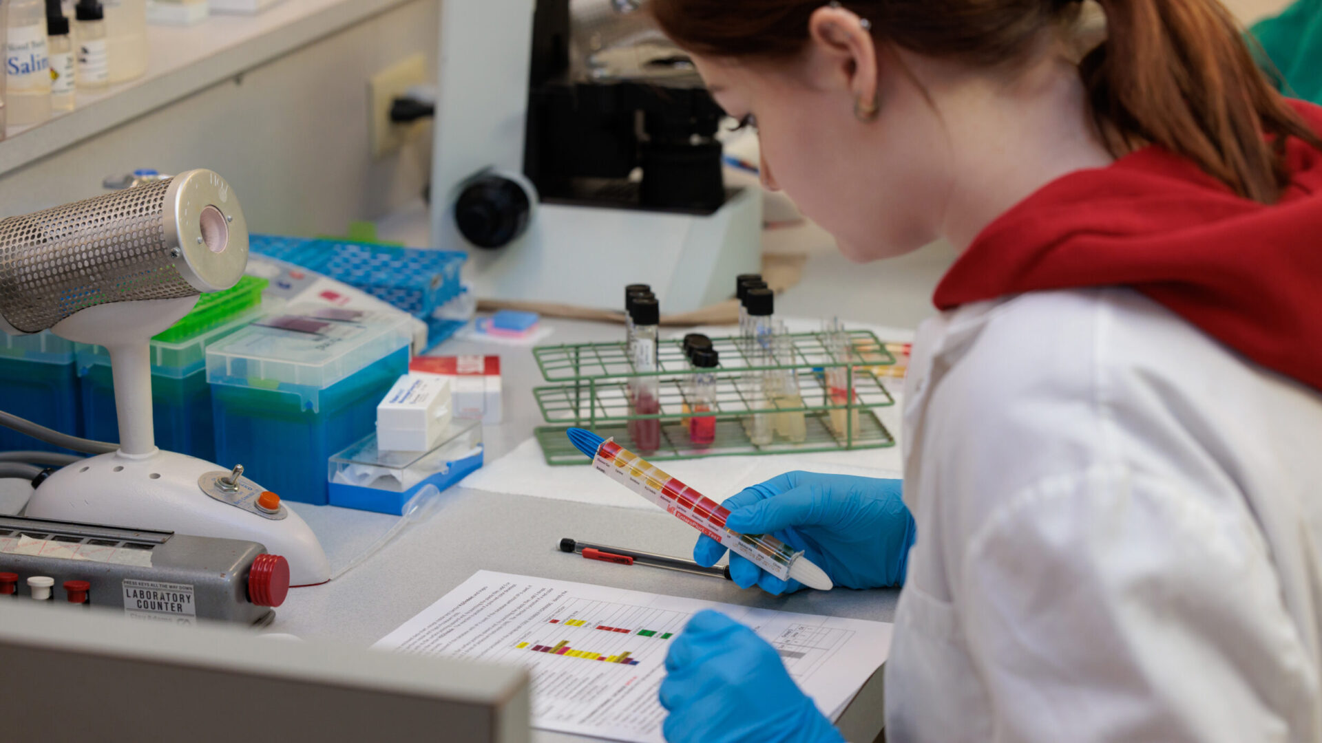 Medical lab tech student in classroom.